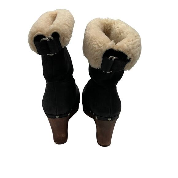 UGG Australia Carnegie Studded Wood Stacked Sheepskin Sherpa Black Booties Sz 7 - Picture 5 of 12